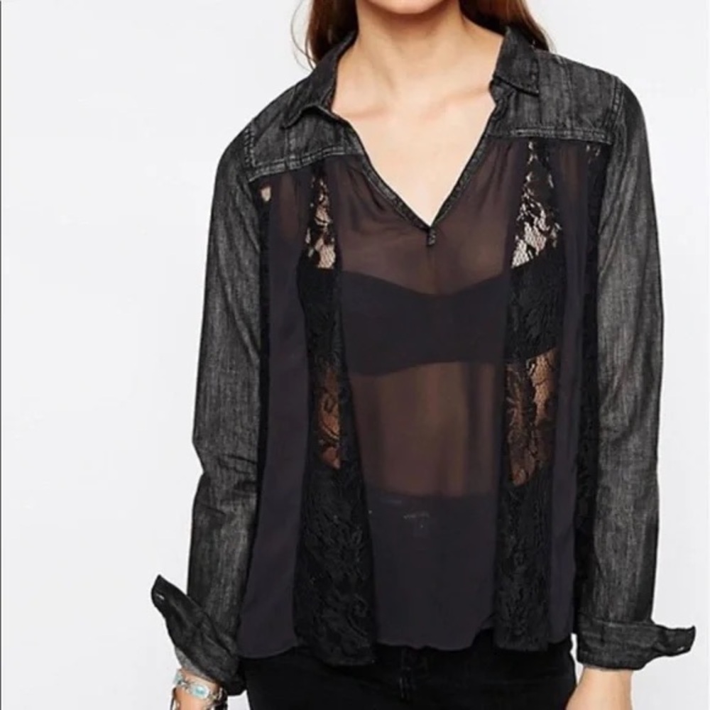 Free People Sheer Lace Panel Black Tunic
